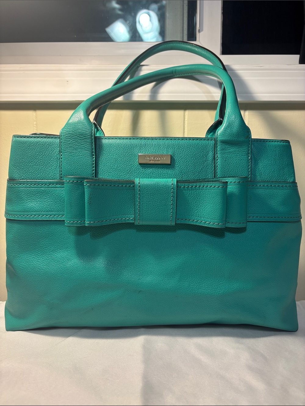 GUC Kate Spade Quinn Villabella Avenue Teal Green Leather Bow Satchel Tote Bag